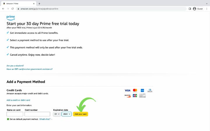Add a payment method for Amazon Prime Membership